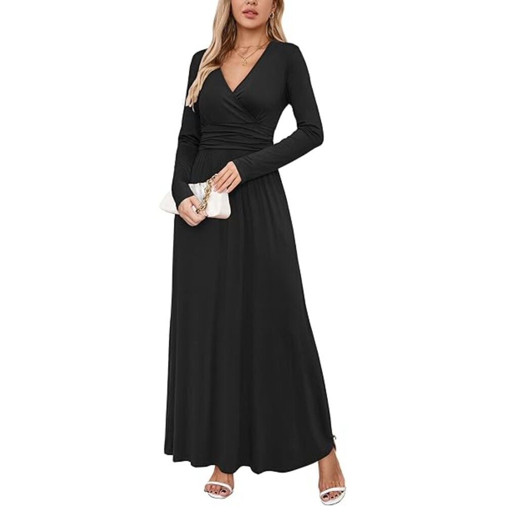 Ouges Black Stretchy Long Sleeve Wrap Maxi Dress Size XL | Pockets & Flowy Skirt